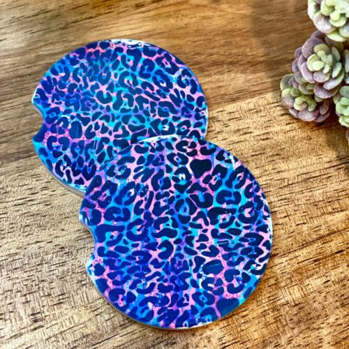 Juego de 2 montañas rusas de cerámica para automóvil estampado de leopardo azul púrpura rosa - Imagen 1 de 3