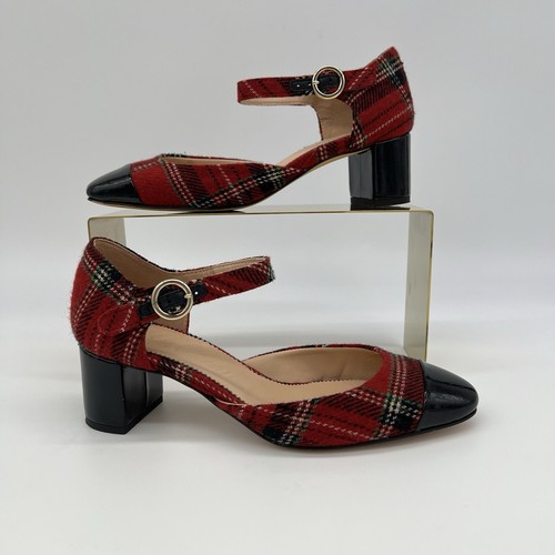 J.Crew Millie Deep Ruby Plaid Patent Toe Ankle Strap Block Heels Pumps Size 6.5 - 第 1/13 張圖片