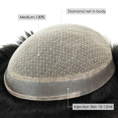Mens Toupee Human Remy Hair System Silk Top Injection Lace Hairpiece M-lACE #NC