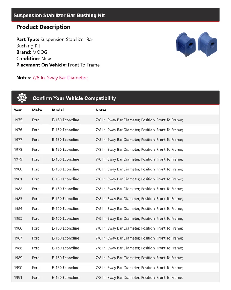 Kit de buje de barra estabilizadora de suspensión Econoline MOOG para Ford E-150 1975-1991 Foto 2 de 3