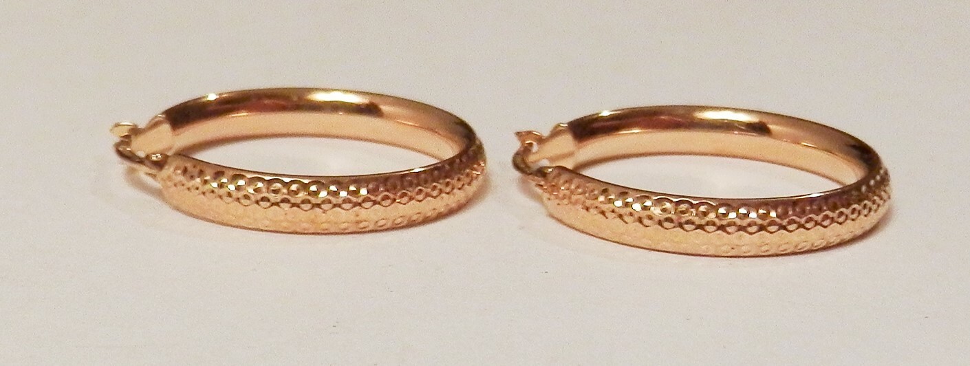 Solid 14K Yellow Gold Dotted Textured Design Hoop… - image 2