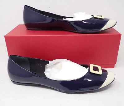Stunning Roger Vivier Navy Patent Leather Laquered Buckle Ballet Flats; 39.5
