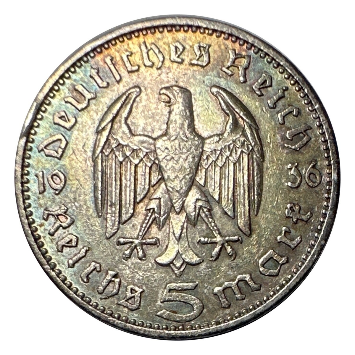 1936-D Germany 5 Mark Silver - Paul Von Hindenburg - AU/UNC