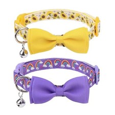 Bowtie Dog Collar with Bell 2 Packs, Adjustable 11.8-15.7 in Purple Yellow