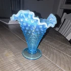 Blue & White Opalescent Hobnail Glass Vase w/ Ruffled Rim, 1940s