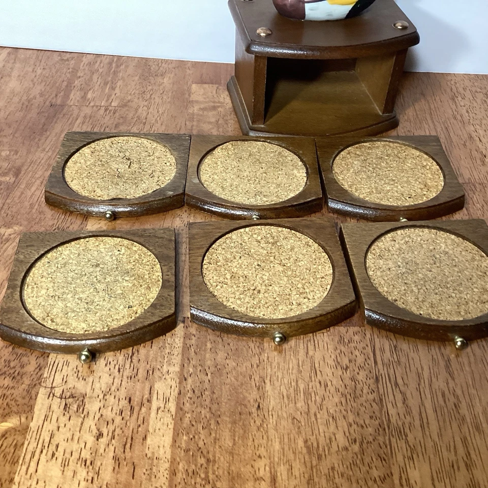 Juego de 6 posavasos vintage de madera y corcho de pato mallardo con carrito de almacenamiento Foto 3 de 4