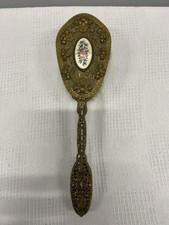 Vintage Gold Tone Metal Filigree Floral Vanity Hair Brush Porcelain Rose Decor