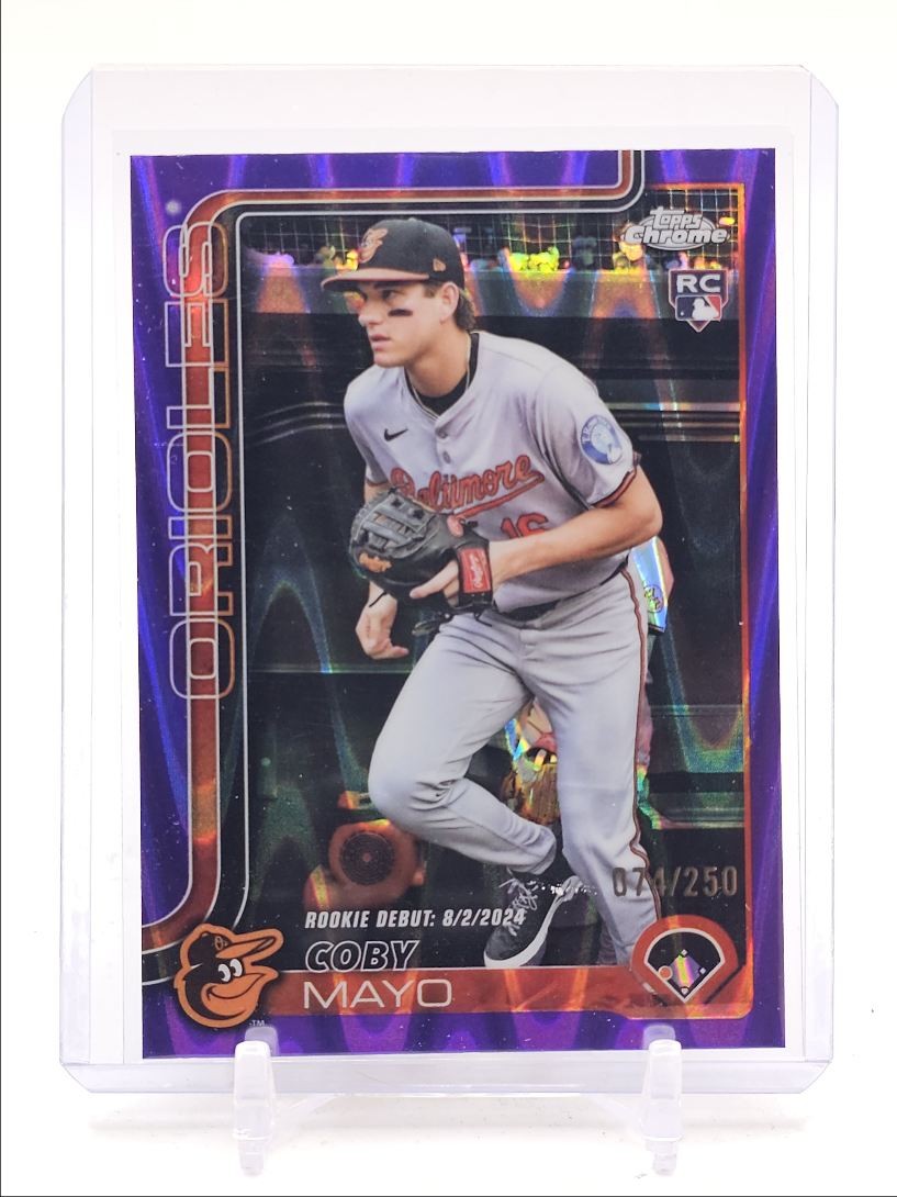 COBY MAYO 2025 TOPPS CHROME UPDATE ROOKIE DEBUT PURPLE RAYWAVE RC /250 Q3704