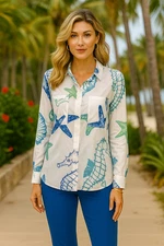 Women's Long Sleeve Button-Down Beachy 'Under the Sea' Print Coverup Top Blouse