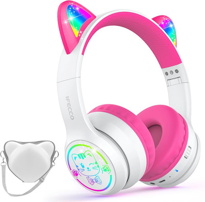 IFECCO Kids Wireless Headphones with Case,Cute LED Light Up Cat Ear Children Gir