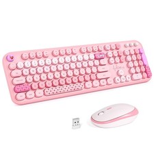 Wireless Keyboard Mouse Combo Pink Rainbow 2.4G FullSized Round Keycap USB