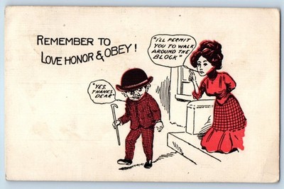 c1910's Overbearing Wife Remember To Love Honor & Obey Antique Postcard