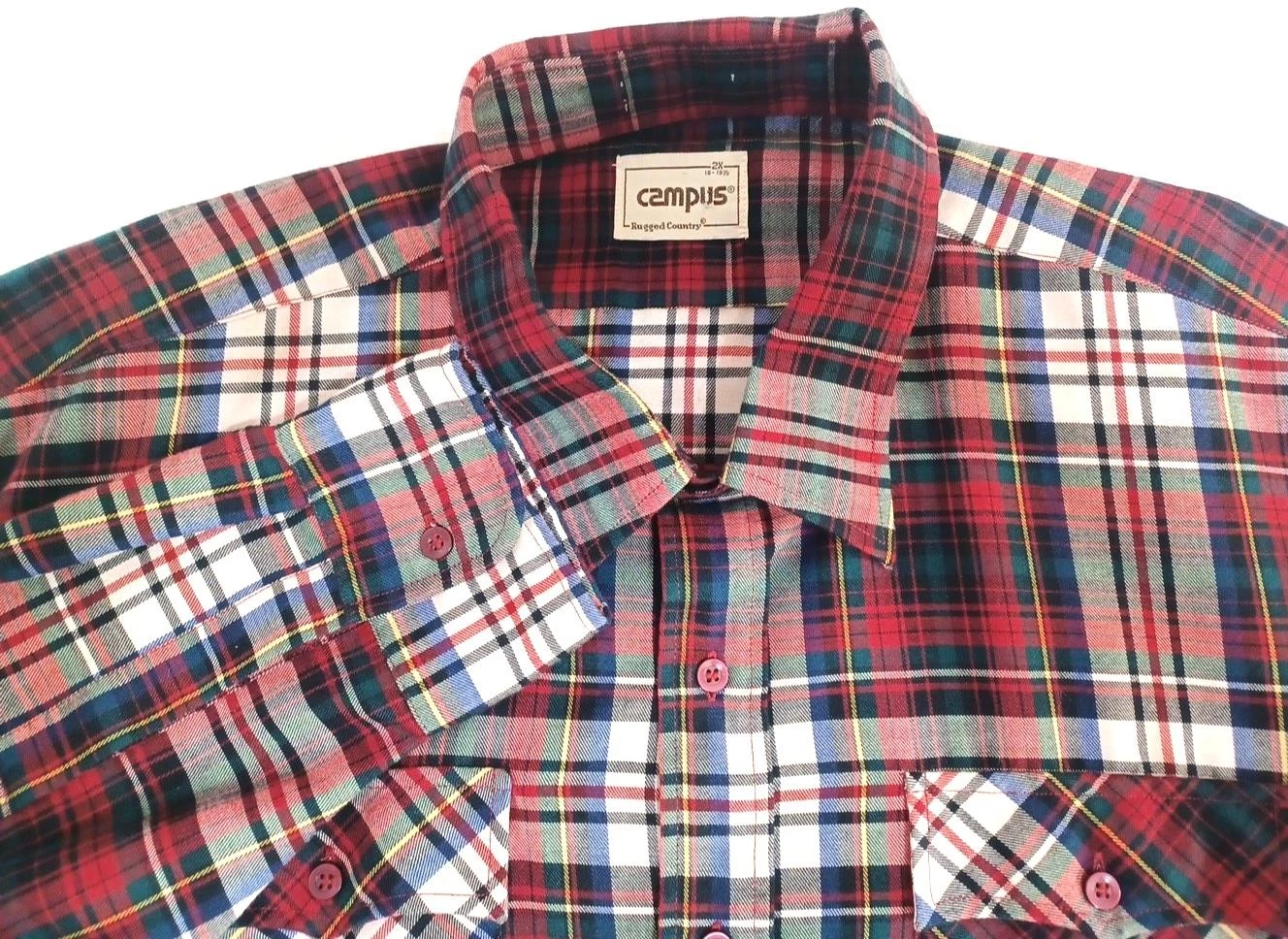 Campus Mens Flannel Red Plaid Shirt Sz 2X Long Sleeve Flap Pockets VTG Outdoor