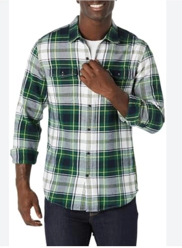 Amazon Essentials Men's Slim-Fit Long Sleeve Green Plaid Flannel Shirt Size L
