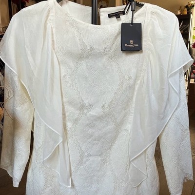 Nwt -Massimo Dutti Lace Flutter Chiffon Blouse with Ruffle Trim in Ivory size xs
