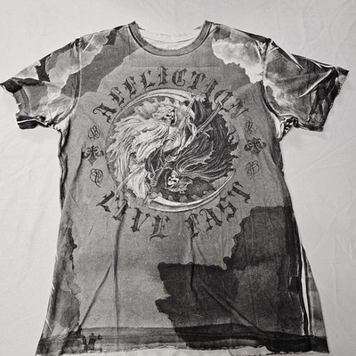 Affliction Shirt Men's Small Black Gray Live Fast Grim Reaper Distressed 
