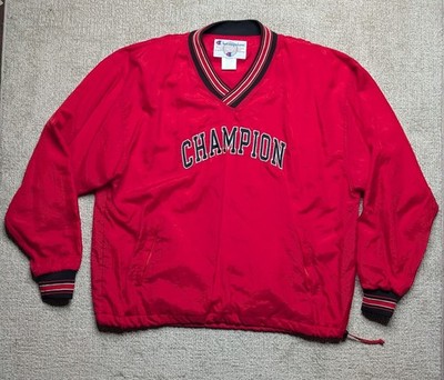VTG 90s Champion Logo Spellout 2XL Red Black Long Sleeve Windbreaker Sweatshirt