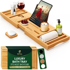ROYAL CRAFT WOOD Bathtub Caddy Tray, Bamboo Bath Shelf, Foldable & Expandable