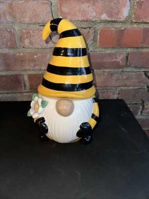 Gnome Cookie Jar Yellow & Black Bee Stripes  & Flowers 33 Ounces Summertime