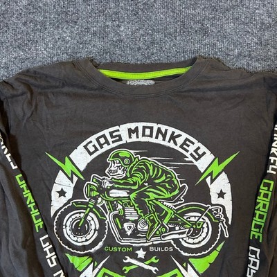 Gas Monkey Garage Long Sleeve Shirt Mens Size M Black Neon Green Biker Graphic