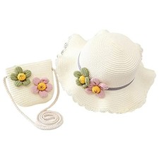 Girls Straw Hat Purse Bag Set Lace Brim Flowers Pearl Summer A White Modern