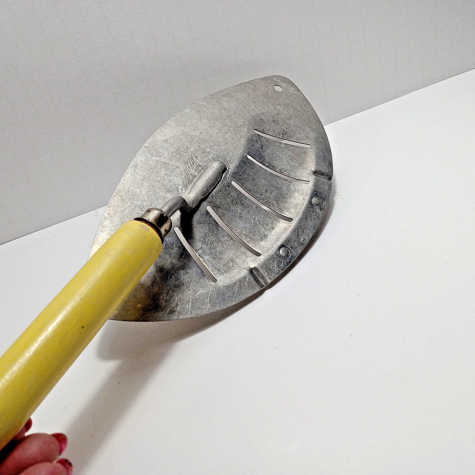 Vintage MCM Foley Aluminum Strainer Drainer Yellow Wood Handle USA PAT Pending