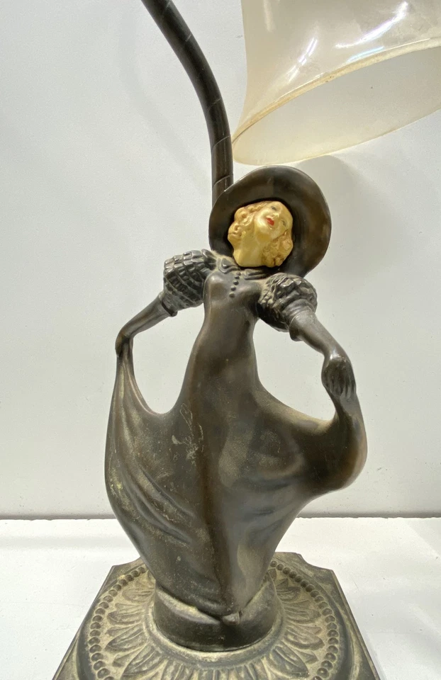 Antique Bronze Art Deco Lady Figurine Lamp with Glass Bell Shade - Image 3 of 4