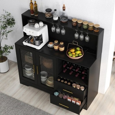 Modern 55'' Bar Cabinet: LED Lights, Wine Rack, Glass Holder & Charging Station