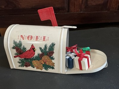 Vintage Tin White Christmas Mailbox   Pop-Up Flag Gift Box Ornaments Robin, NOEL