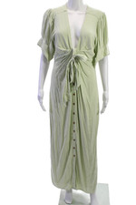 Free People Women Maxi Shirt Dress Green V Neck Button Mid-Calf Size M