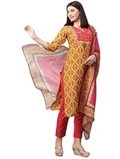 GoSriKi Women's Cotton Blend Straight Printed Kurta with Pant & Dupatta (Maks...