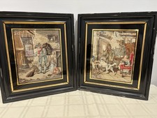 Pair Antique Gobelin Needlepoint Tapestries 1800s European Genre Scenes In Frame