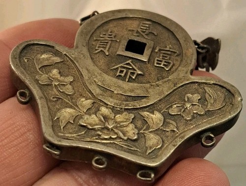 Antica catena cinese argento sterling fatta a mano Qing floreale moneta ciondolo 5,5" *** - Foto 7 di 7