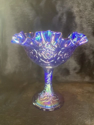 Fenton Amethyst Carnival Glass Persian Medallion Compote Crimped Ruffled Edge