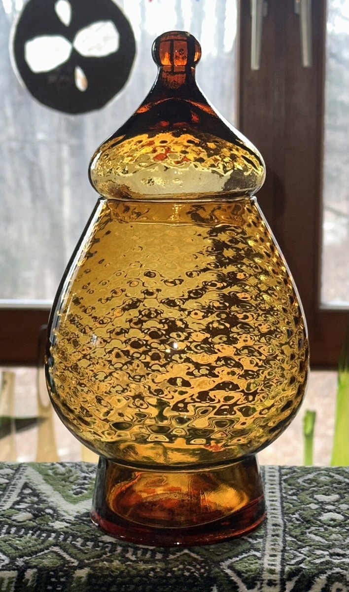 Vintage MCM 1950s Italian Empoli Glass Amber Covered Jar Marked