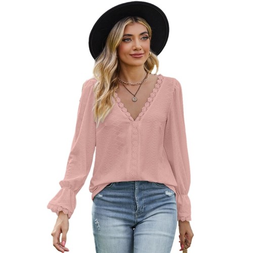 Women Flare Long Sleeve Loose Shirt Lace Crochet V-Neck Jacquard Tunics Blouse - Picture 20 of 38