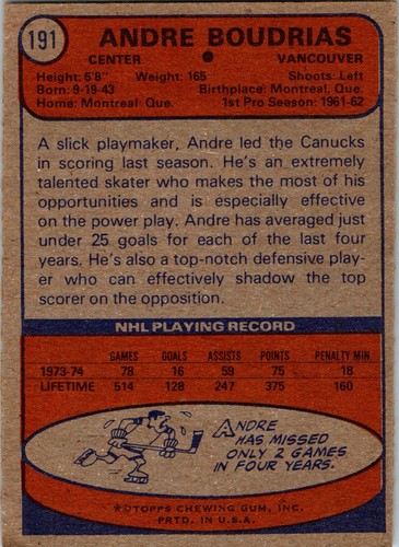1974 - 1975 Topps #191 Andre Boudrias- Vancouver Canucks - Center - Vintage - Picture 2 of 2