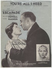 Luise Rainer Signed Sheet Music 1935 "Escapade" Autographed / w/ William Powell