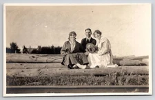 RPPC Two Ladies Handsome Young Man Logs Railroad Tracks Postcard D24