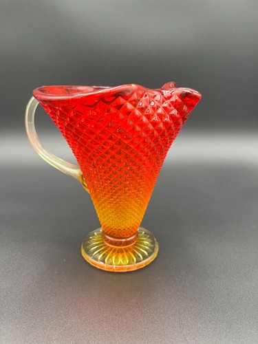 Amberina Glass Footed Pitcher, Pressed Diamond Pattern, Persimmon, 1940, Vtg - Picture 7 of 8