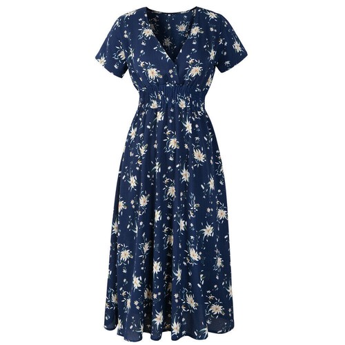 Boho Floral Women Short Sleeve V-Neck Midi Dress Summer Beach Casual Sundress UK - Picture 6 of 41