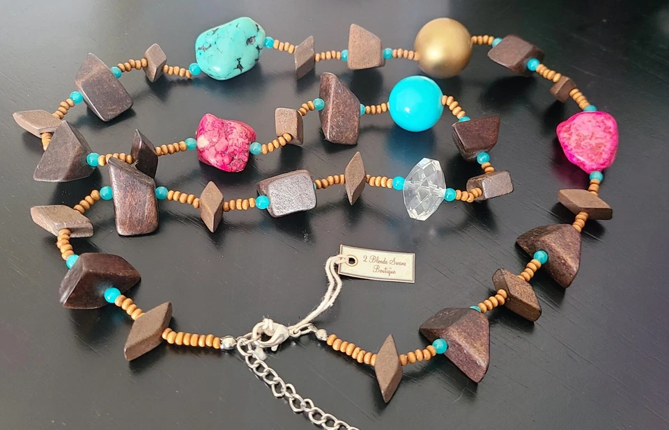 Деревянные блоки бирюзовые куски бирюзовый и розовый длинный бисер ожерелье заявление - Изображение 4 из 4