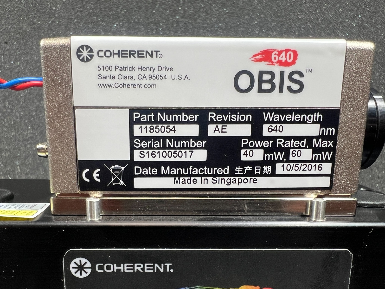 NOS Coherent OBIS LX 640-40C Laser 640nm 40mW w/Heatsink, Power Supply, Warranty