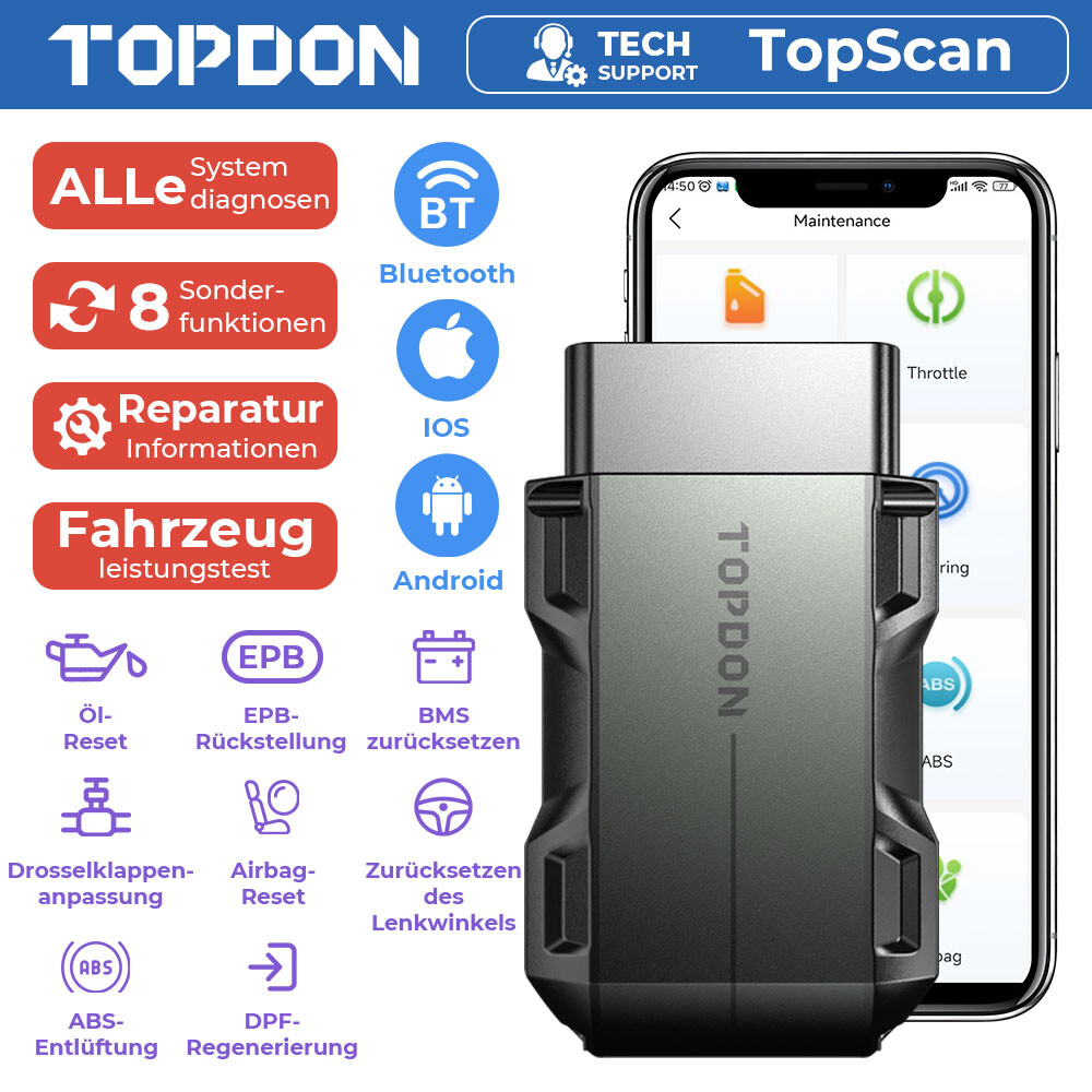TOPDON TopScan Profi KFZ OBD2 Diagnosegerät Fehler Auslesegerät 8Reset Bluetooth