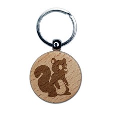 Sitting Squirrel Cartoon Critter Engraved Wood Round Keychain Tag Charm
