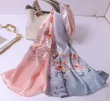 100 Silk Scarf Women neckerchief Shawl Wrap floral pink red gray soft MY200-11