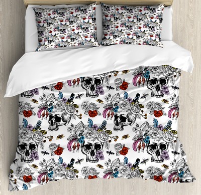 Gothic Duvet Cover Set with Pillow Shams Day of the Dead Skulls Print