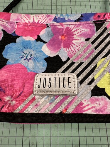 Justice Girl Kids Body Purse Wallet Shoulder Strap Bag Flowers Pink Silver strip - Picture 2 of 9