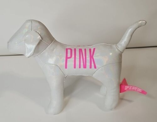 Victoria’s Secret PINK Plush Dog White Iridescent Pleather with Pink Lettering - Picture 1 of 5