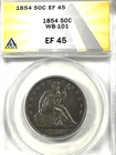1854 Arrows Seated Liberty Half Dollar : ANACS EF45  WB-101